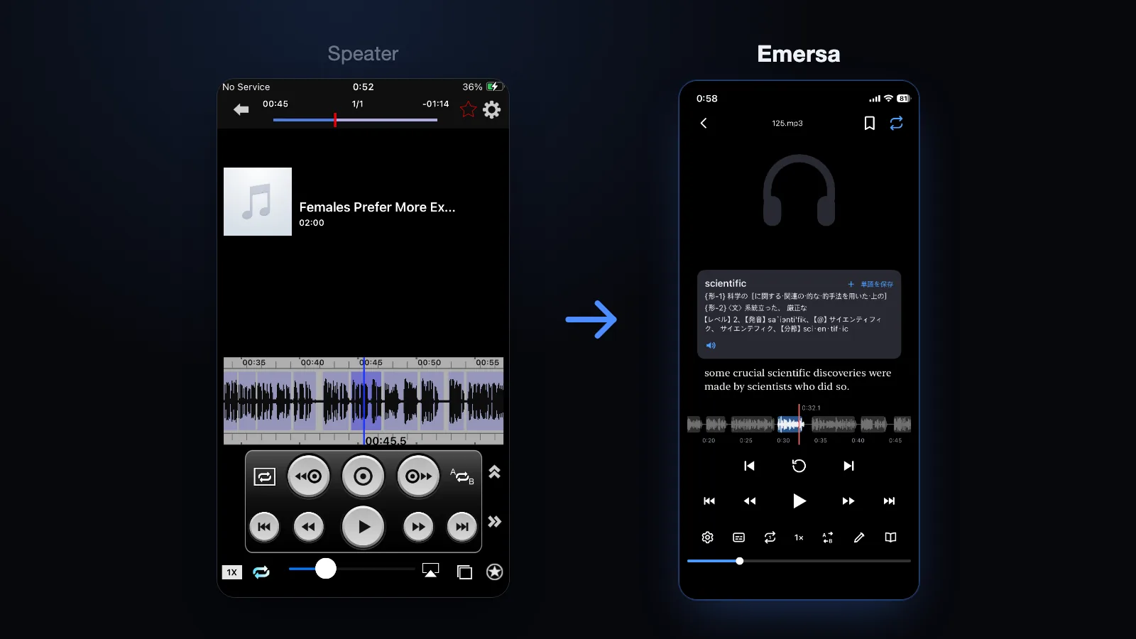 左が Speater の再生画面、右が Emersa の再生画面。どちらも波形のタイムラインが出ているが、Emersa には字幕とタップ辞書のポップアップが表示されている。